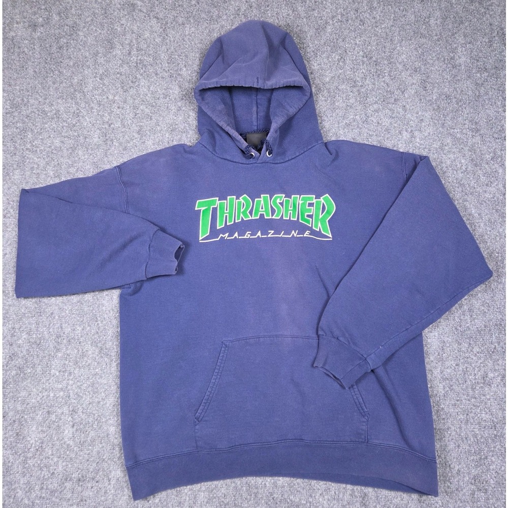 Thrasher Magazine Hoodie Mens Medium Navy Blue Green Graphic Pullover Sweatshirt